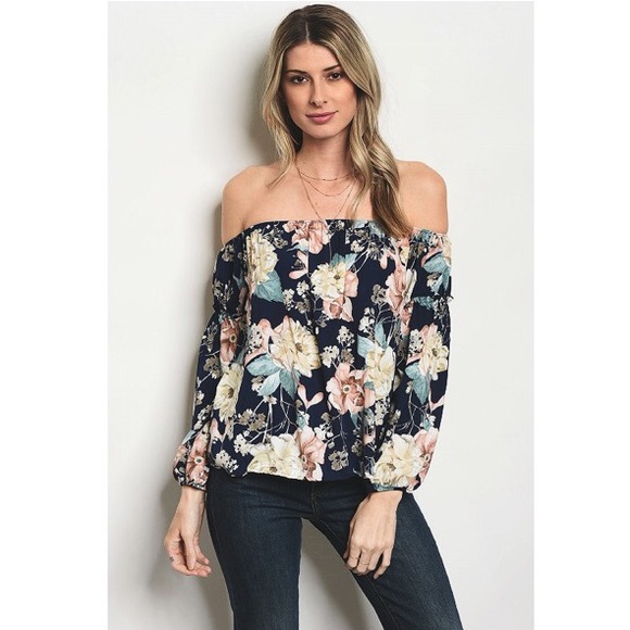 Navy & Peach Floral Spring Off Shoulder Blouse NEW - Picture 2 of 4